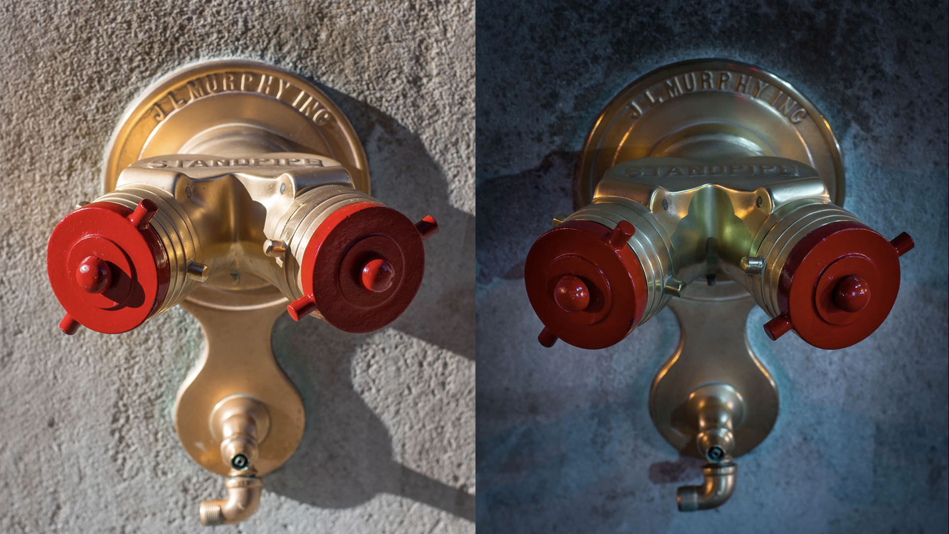 Gargoyles of New York by Guido Jimenez-Cruz - golden and red building sprinkler valves in daytime and nighttime