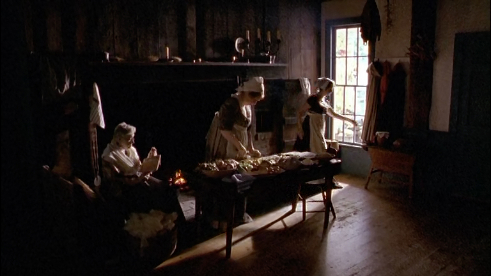 3 women dressed colonial style working in the kitchen of an 18th century inn - Short fiction film Heart of Gold